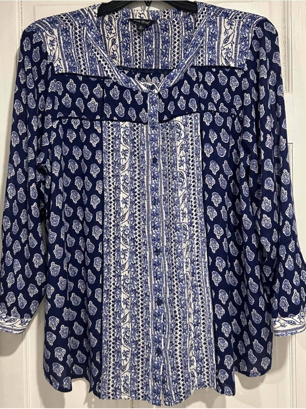 Lucky Brand Blue & White Printed Rayon Top XL Boho Button Front Crochet Trim